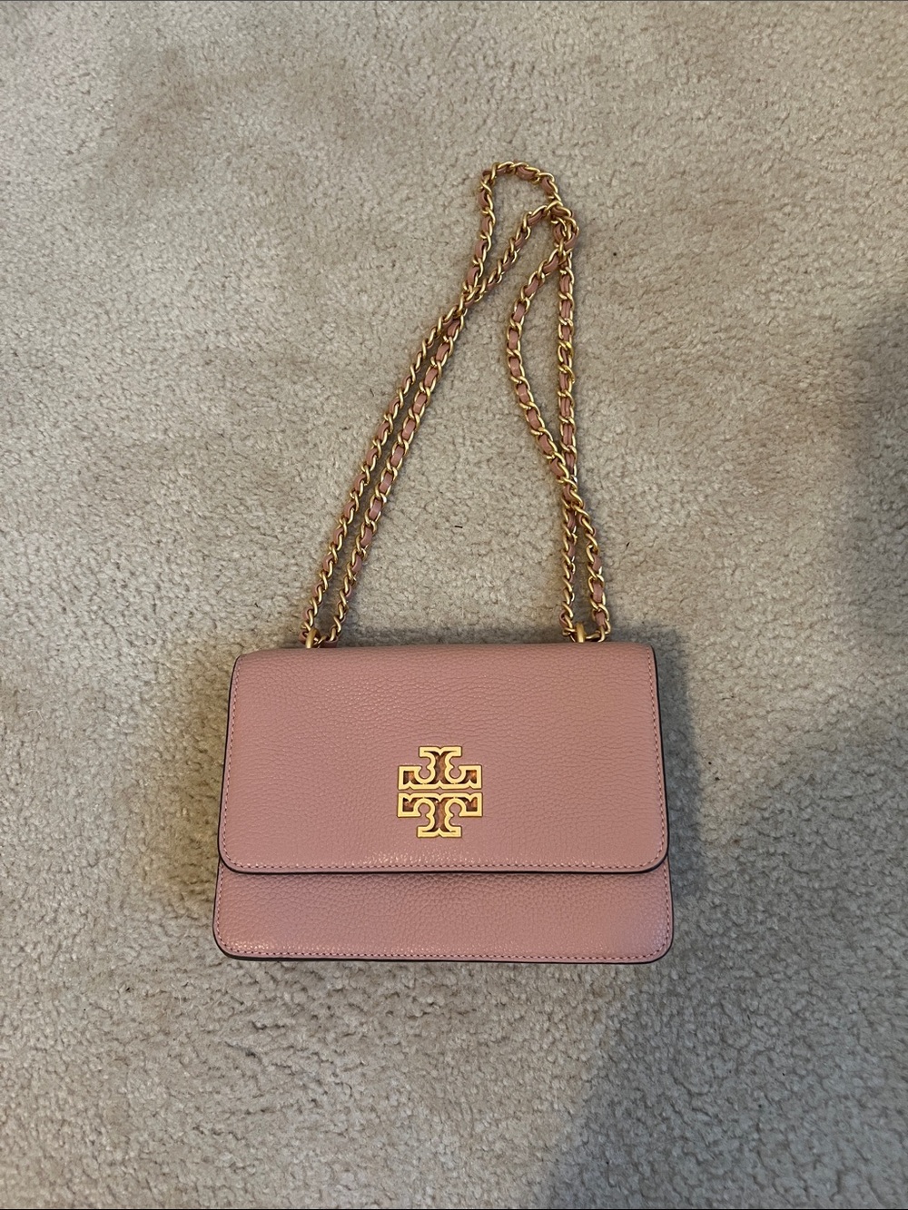 Tory Burch Pink Leather Chain Crossbody with Gold Logo